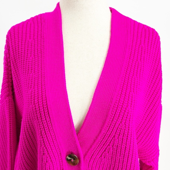 Maeve Anthropologie Sunny Cropped Cardigan Bright Pink Chunky Rib Knit Medium - Picture 3 of 8